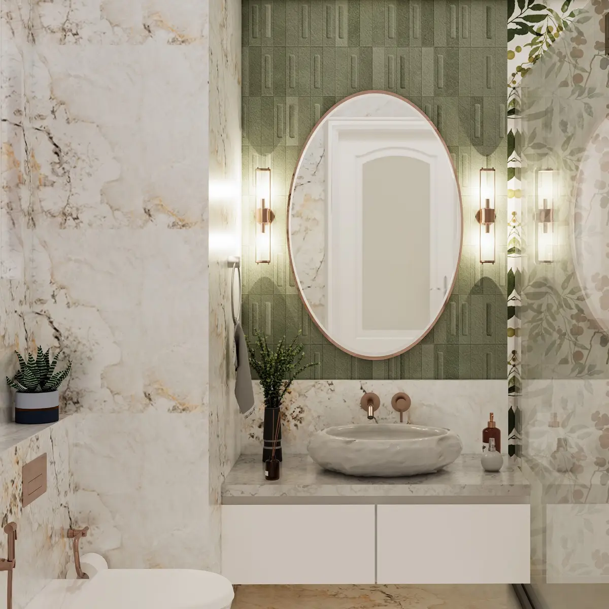 earthy luxury bathroom with vanity — real Indian home