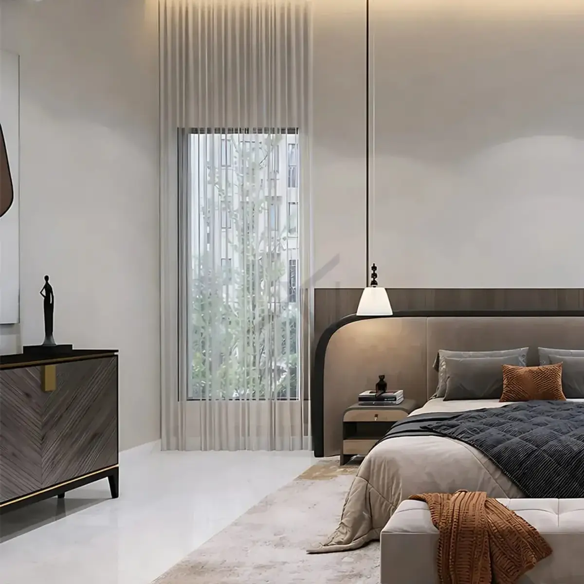 beige modern minimalist master bedroom with bed — real Indian home
