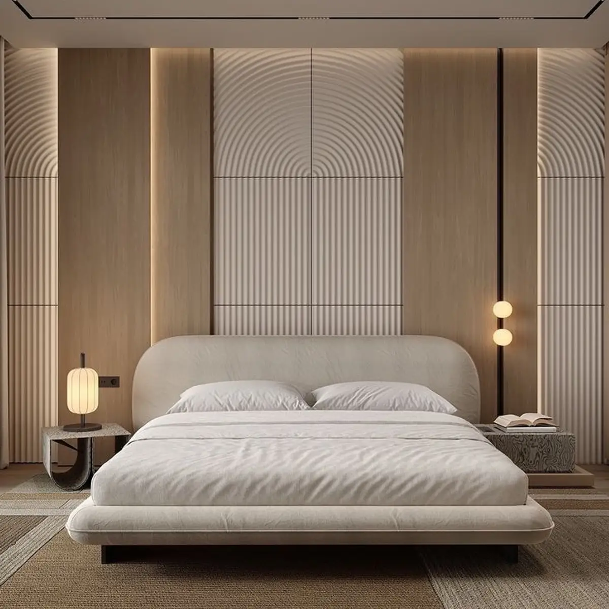 beige japandi master bedroom with panelling — real Indian home
