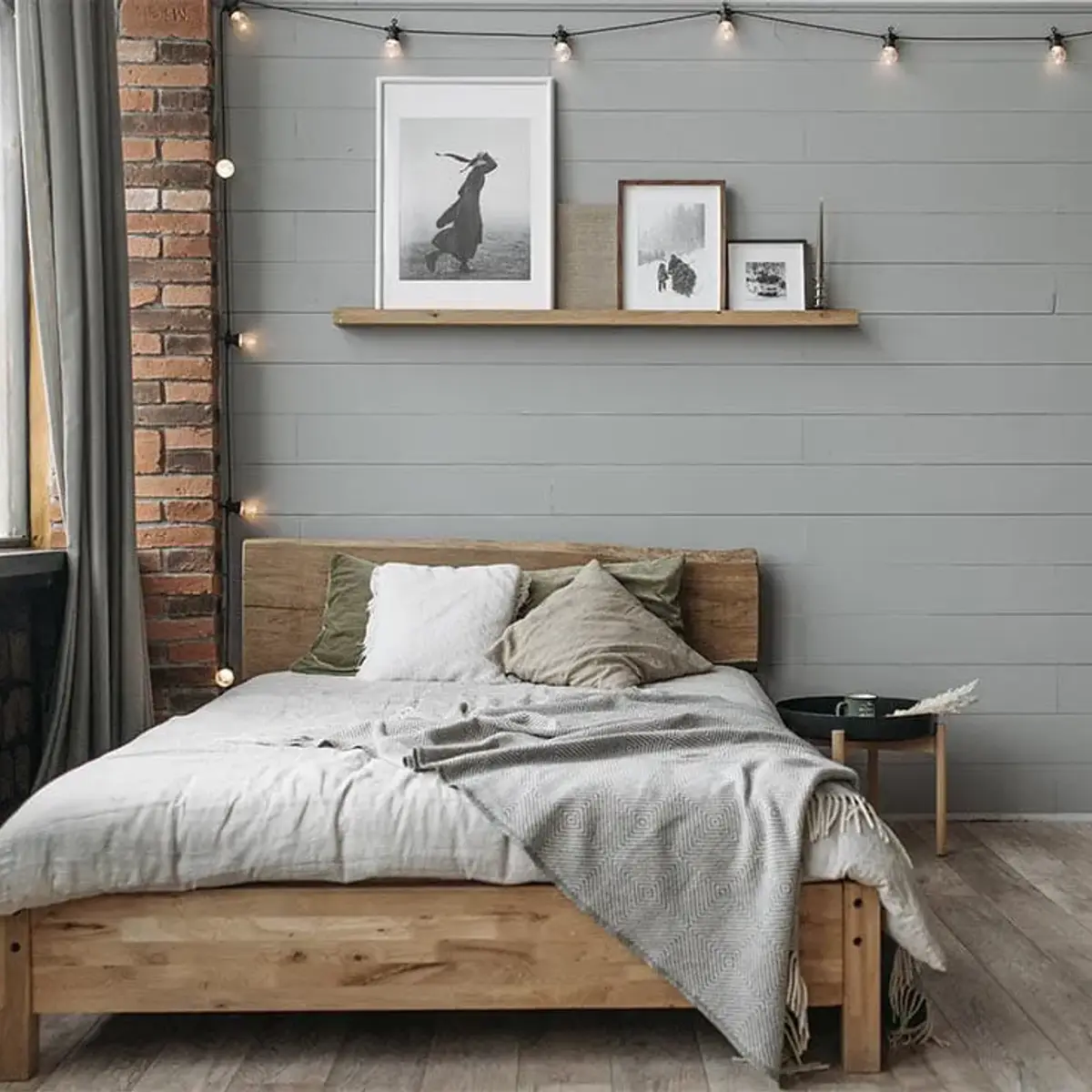 grey industrial master bedroom with panelling — real Indian home