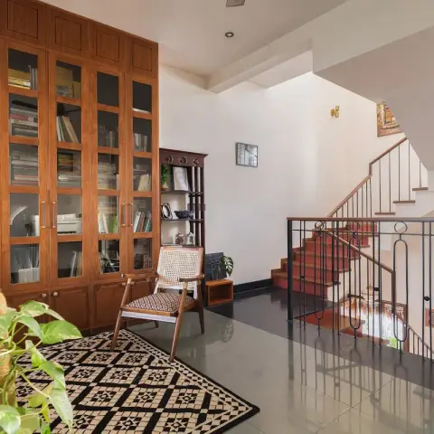 beige mid century study room with study — real Indian home
