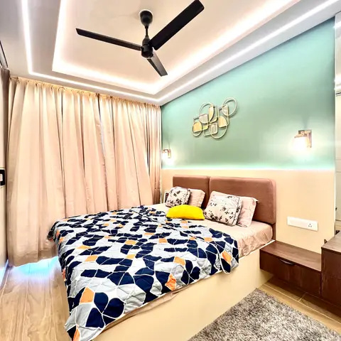 pastel modern indian master bedroom with cove — real Indian home