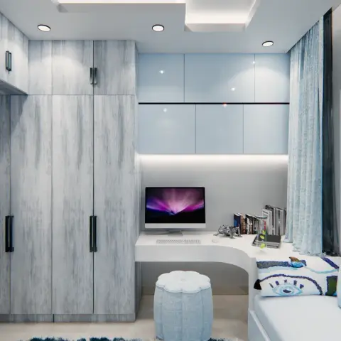 grey modern minimalist kids bedroom with wardrobe — real Indian home