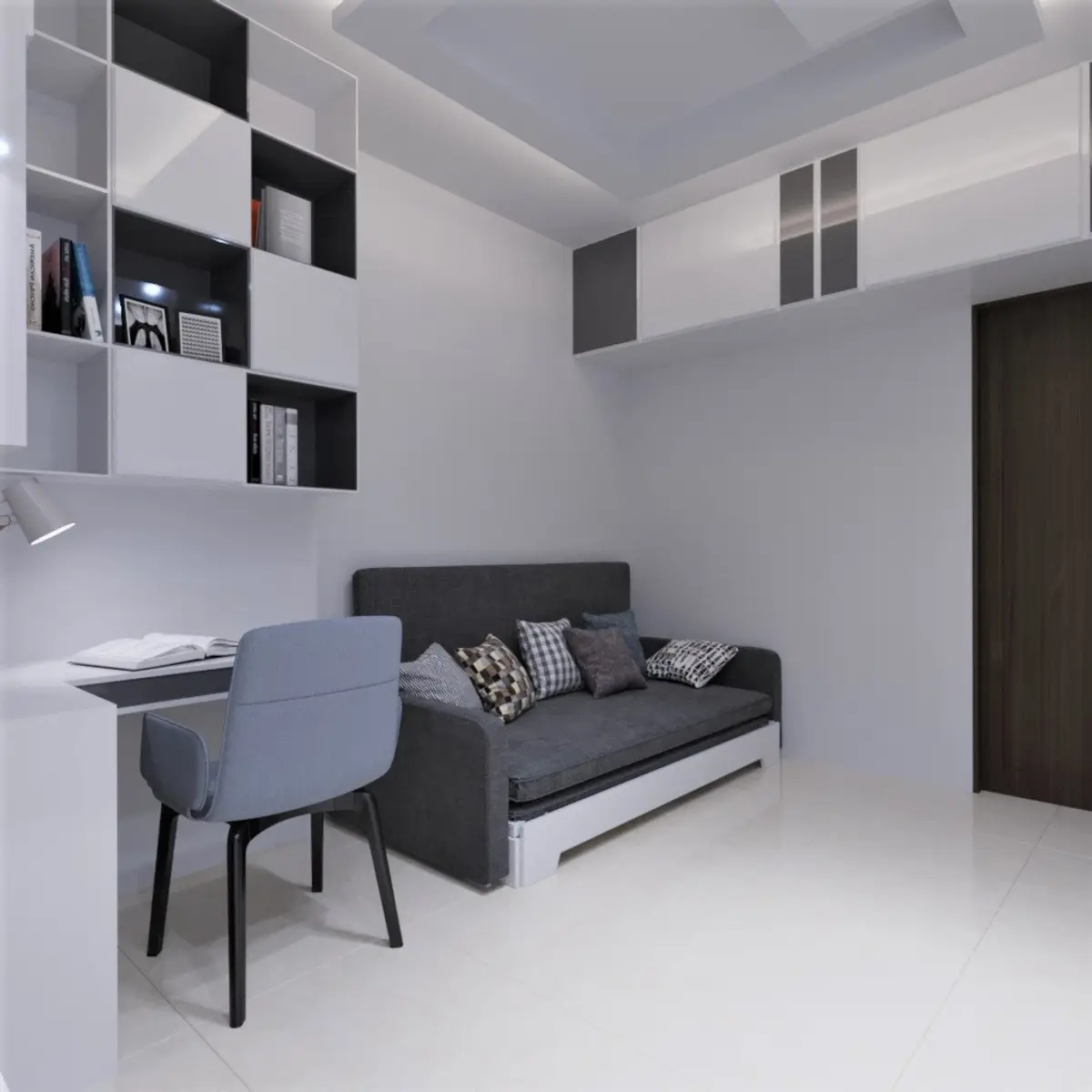 black and white modern minimalist study room with study — real Indian home