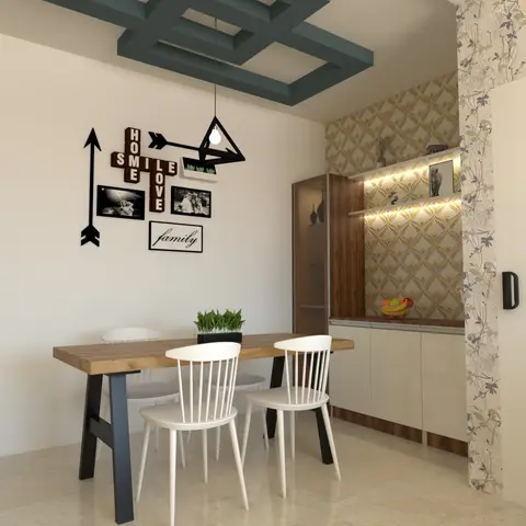 beige scandinavian dining room with wall art — real Indian home