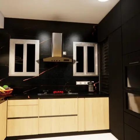 black and white luxury kitchen with layout — real Indian home