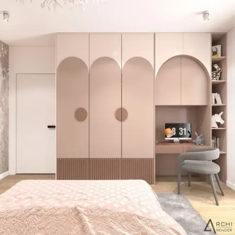 pastel modern minimalist kids bedroom with wardrobe — real Indian home