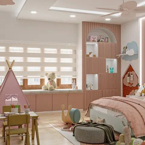pastel modern minimalist kids bedroom with panelling — real Indian home