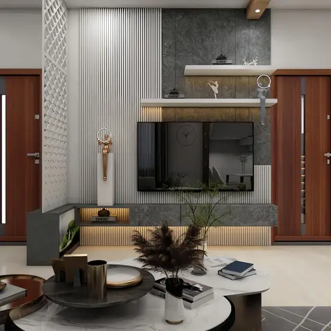 earthy industrial living room with panelling — real Indian home