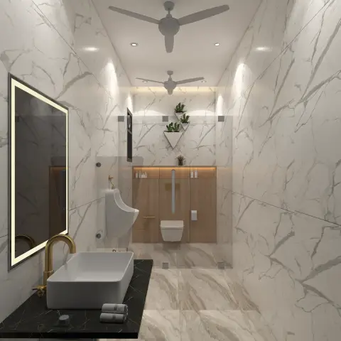 beige modern indian bathroom with vanity — real Indian home