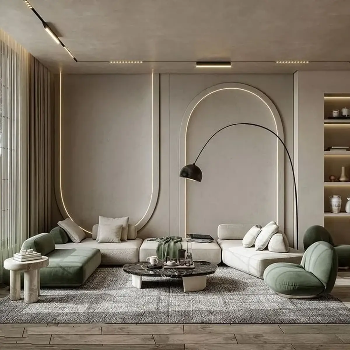 earthy modern minimalist living room with panelling — real Indian home