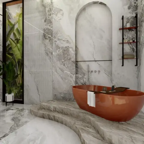 bold colour luxury bathroom with vanity — real Indian home