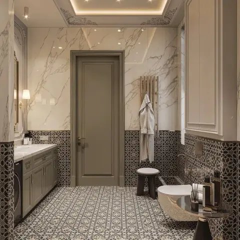 beige traditional bathroom with vanity — real Indian home
