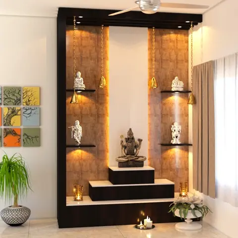 earthy traditional pooja room with pooja — real Indian home