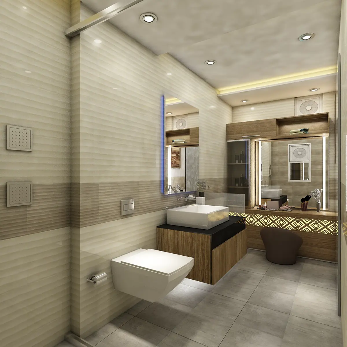 beige modern indian bathroom with vanity — real Indian home