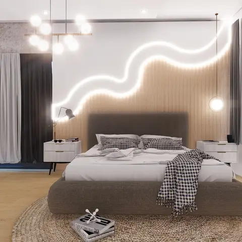 beige scandinavian master bedroom with panelling — real Indian home