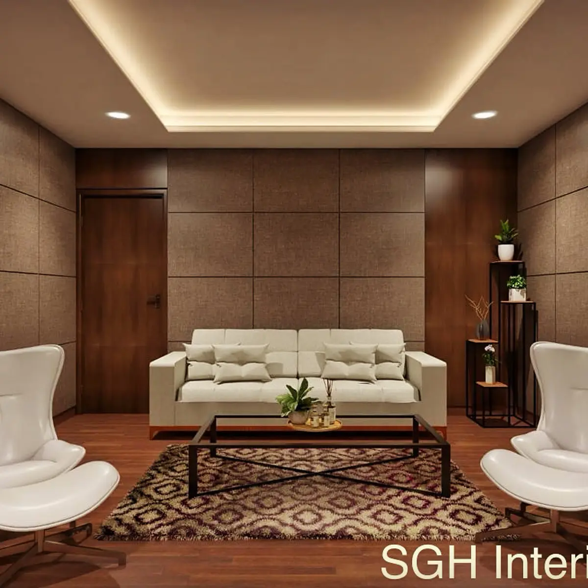 earthy modern indian living room with panelling — real Indian home