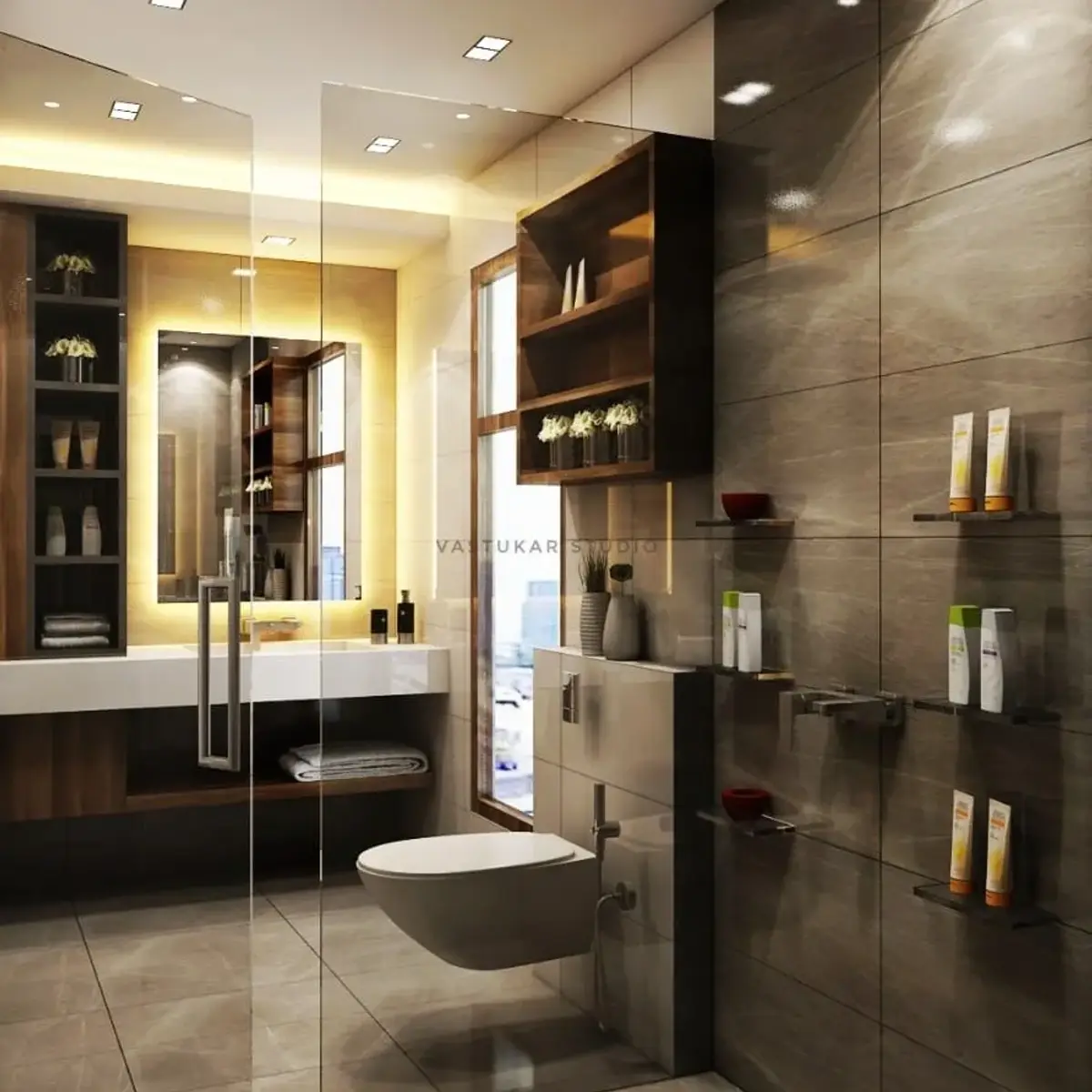 earthy luxury bathroom with vanity — real Indian home