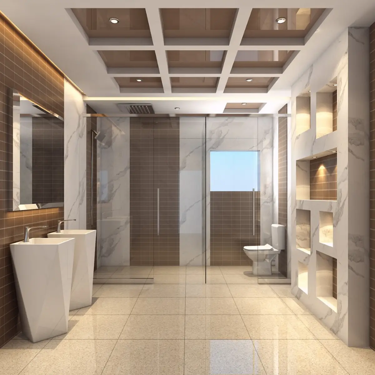 beige modern minimalist bathroom with vanity — real Indian home