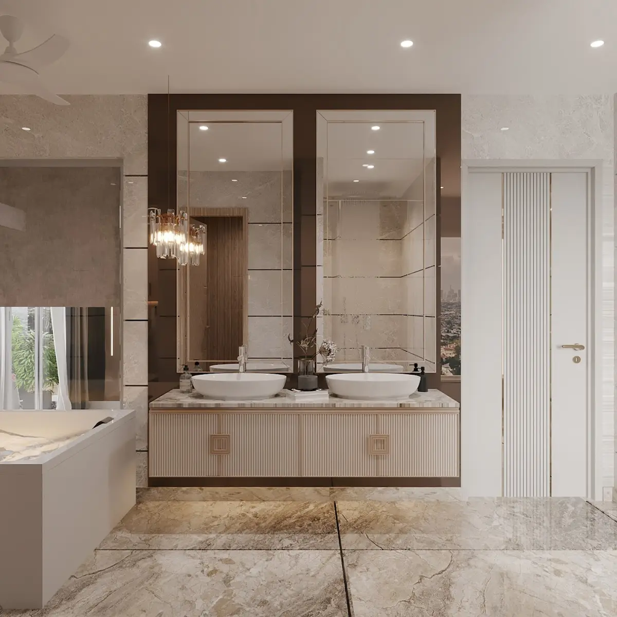 beige luxury bathroom with vanity — real Indian home