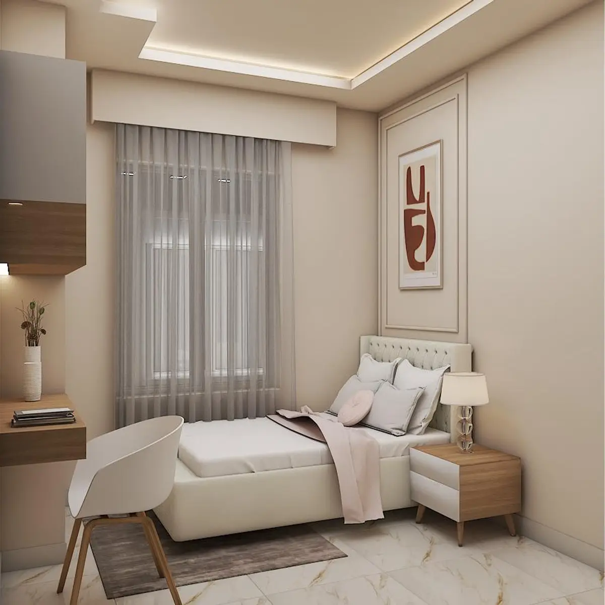 beige modern minimalist kids bedroom with cove — real Indian home