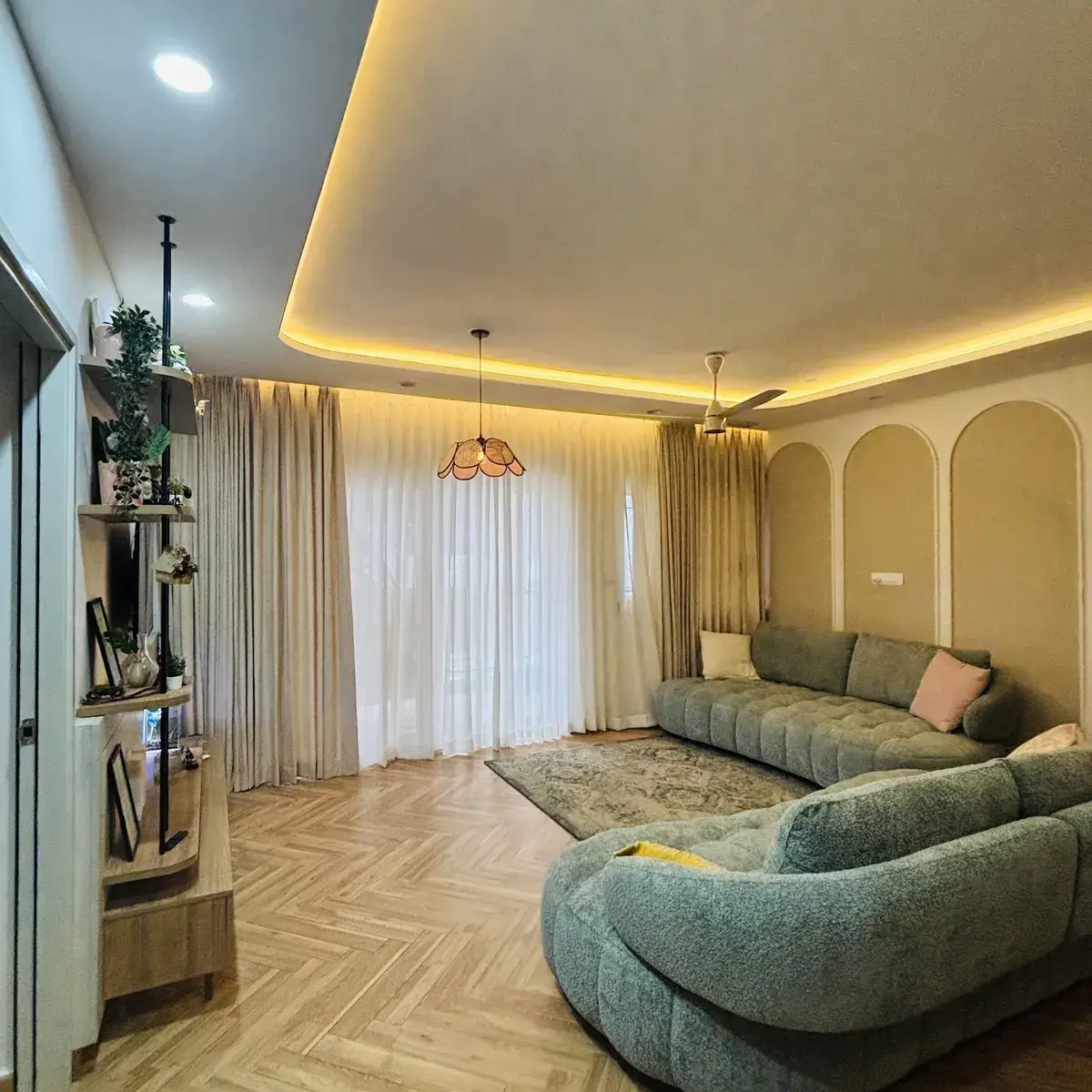 earthy modern minimalist living room with moulding — real Indian home