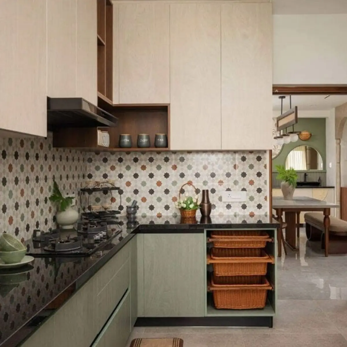 earthy modern indian kitchen with layout — real Indian home