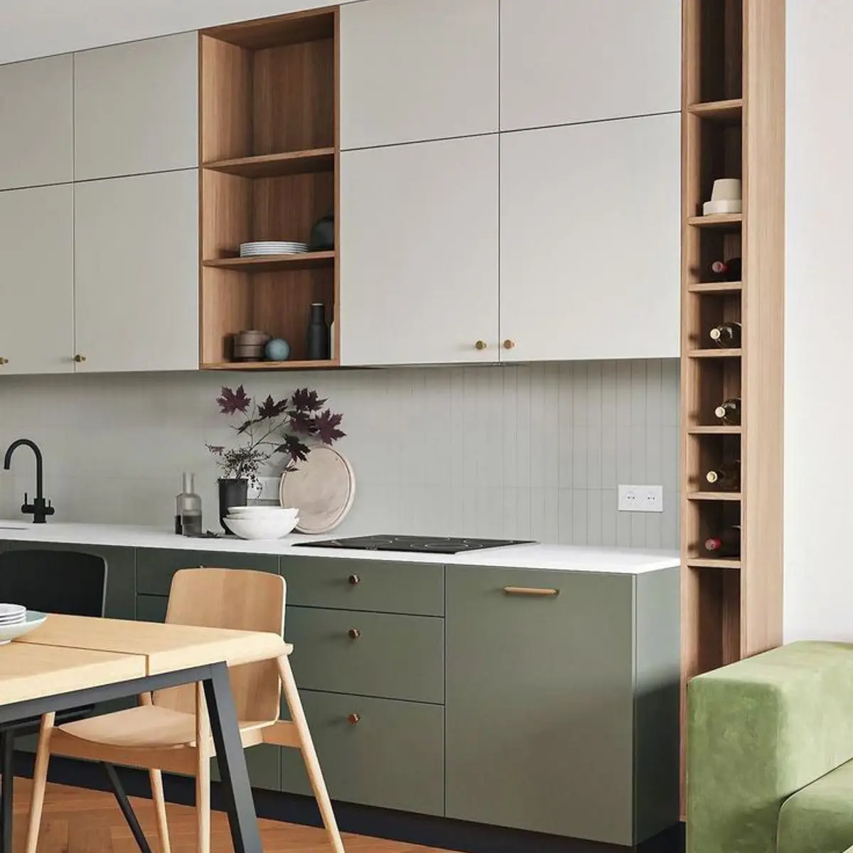 earthy modern minimalist kitchen with shutter — real Indian home