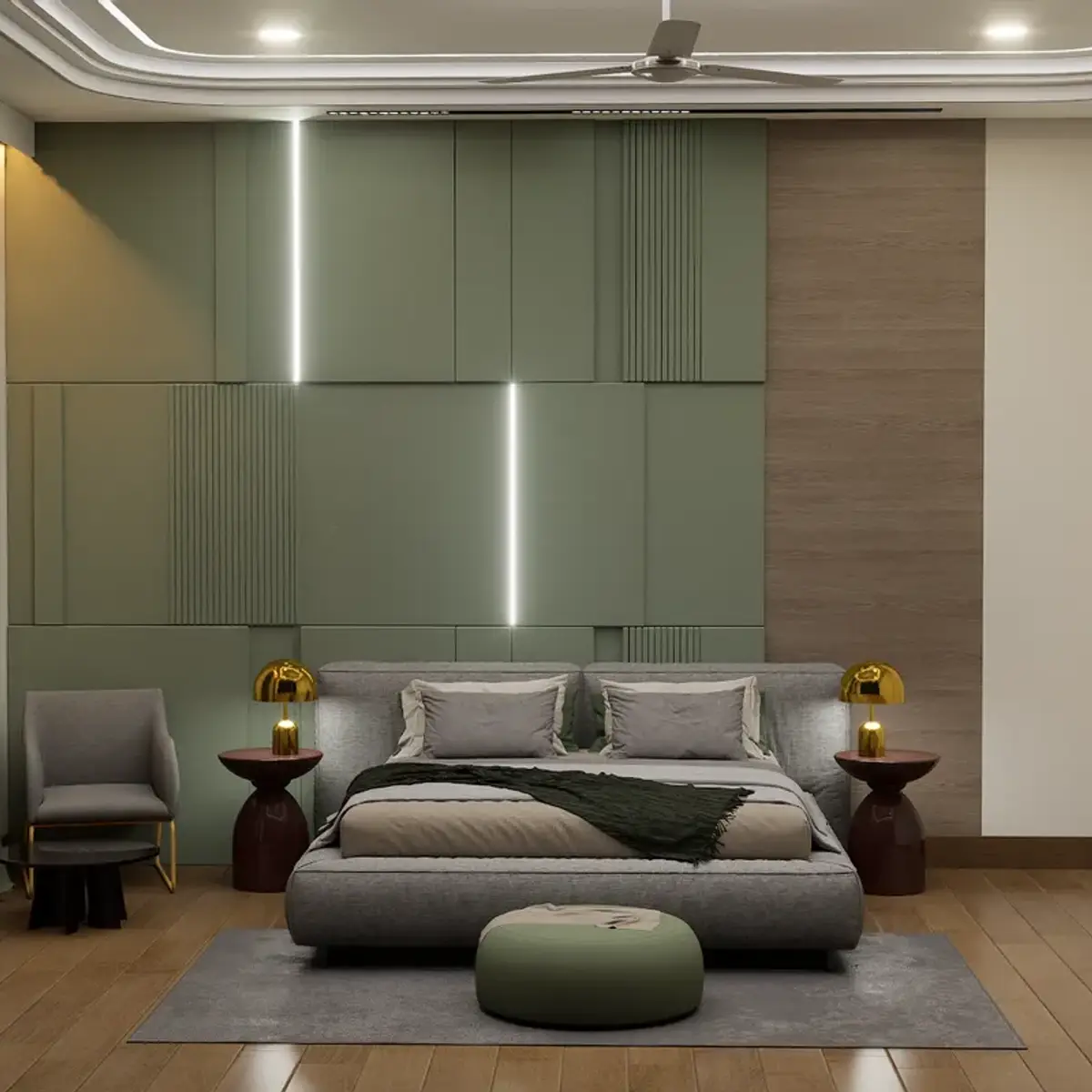 earthy modern minimalist master bedroom with panelling — real Indian home