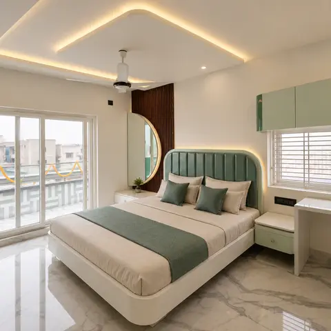 pastel modern minimalist master bedroom with cove — real Indian home