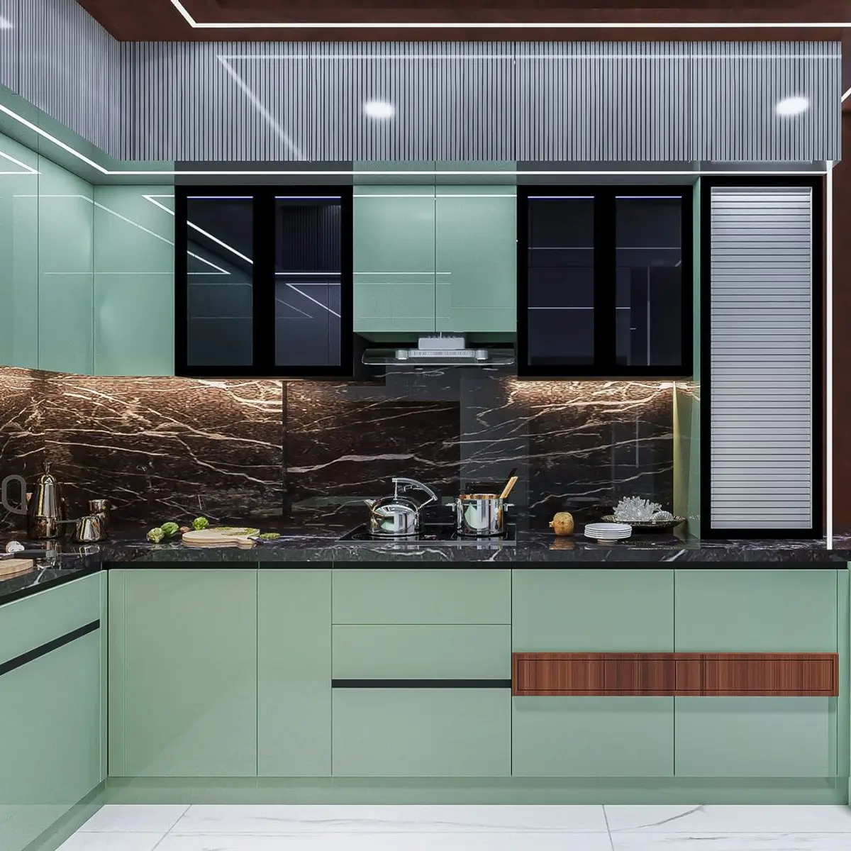 bold colour modern minimalist kitchen with layout — real Indian home