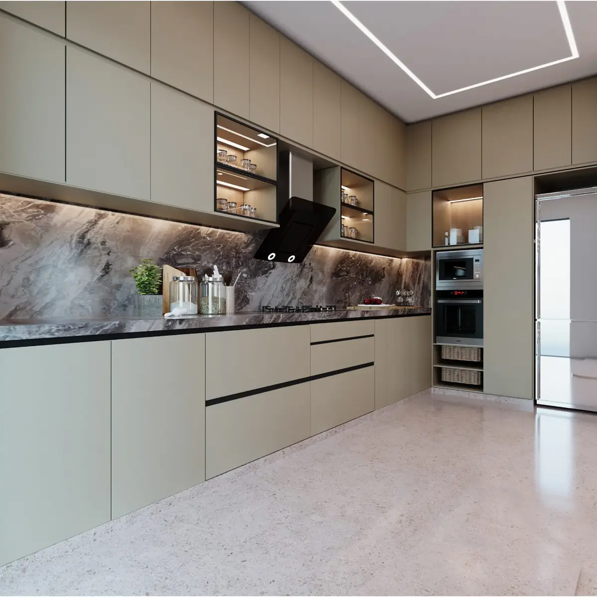 earthy modern minimalist kitchen with shutter — real Indian home