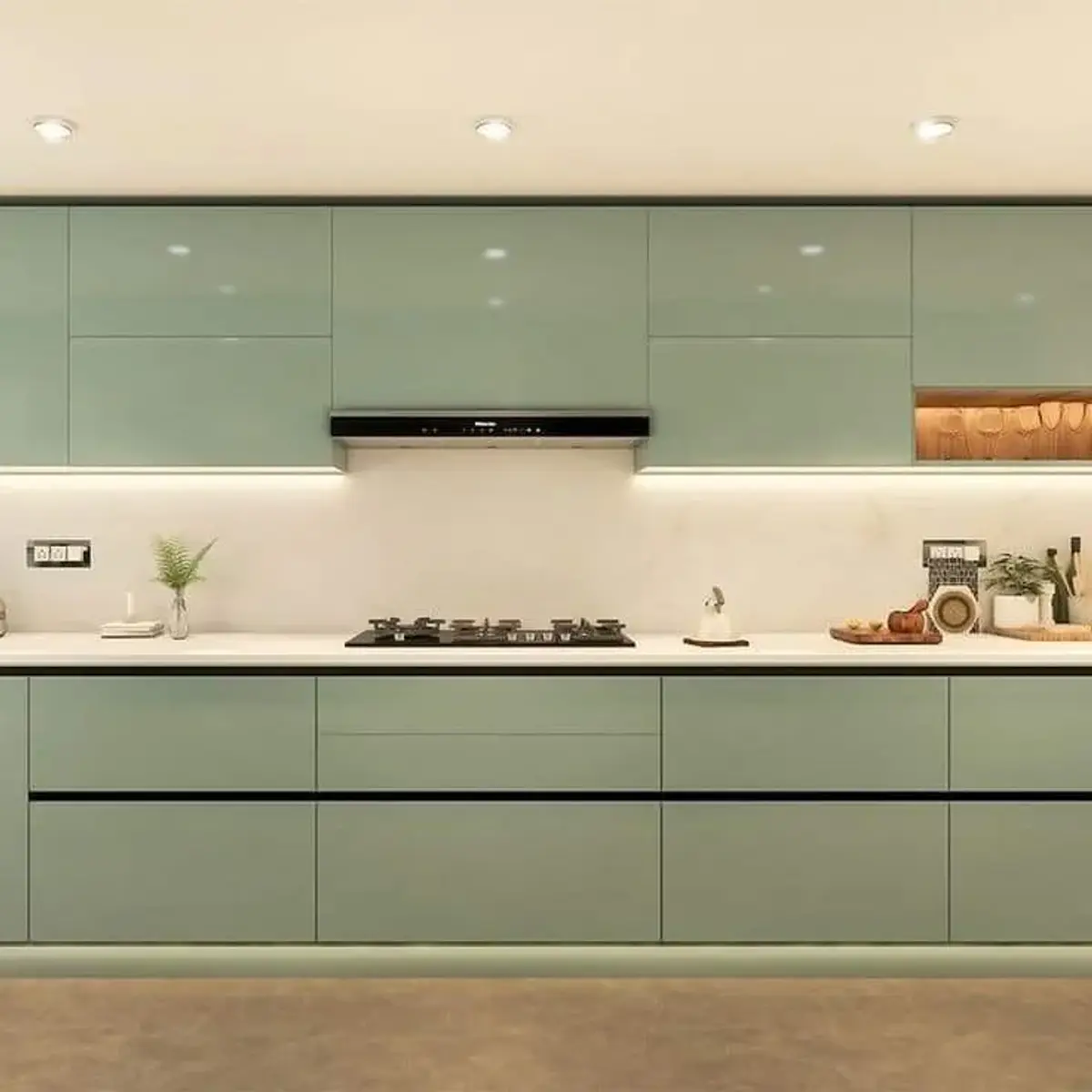 earthy modern minimalist kitchen with shutter — real Indian home