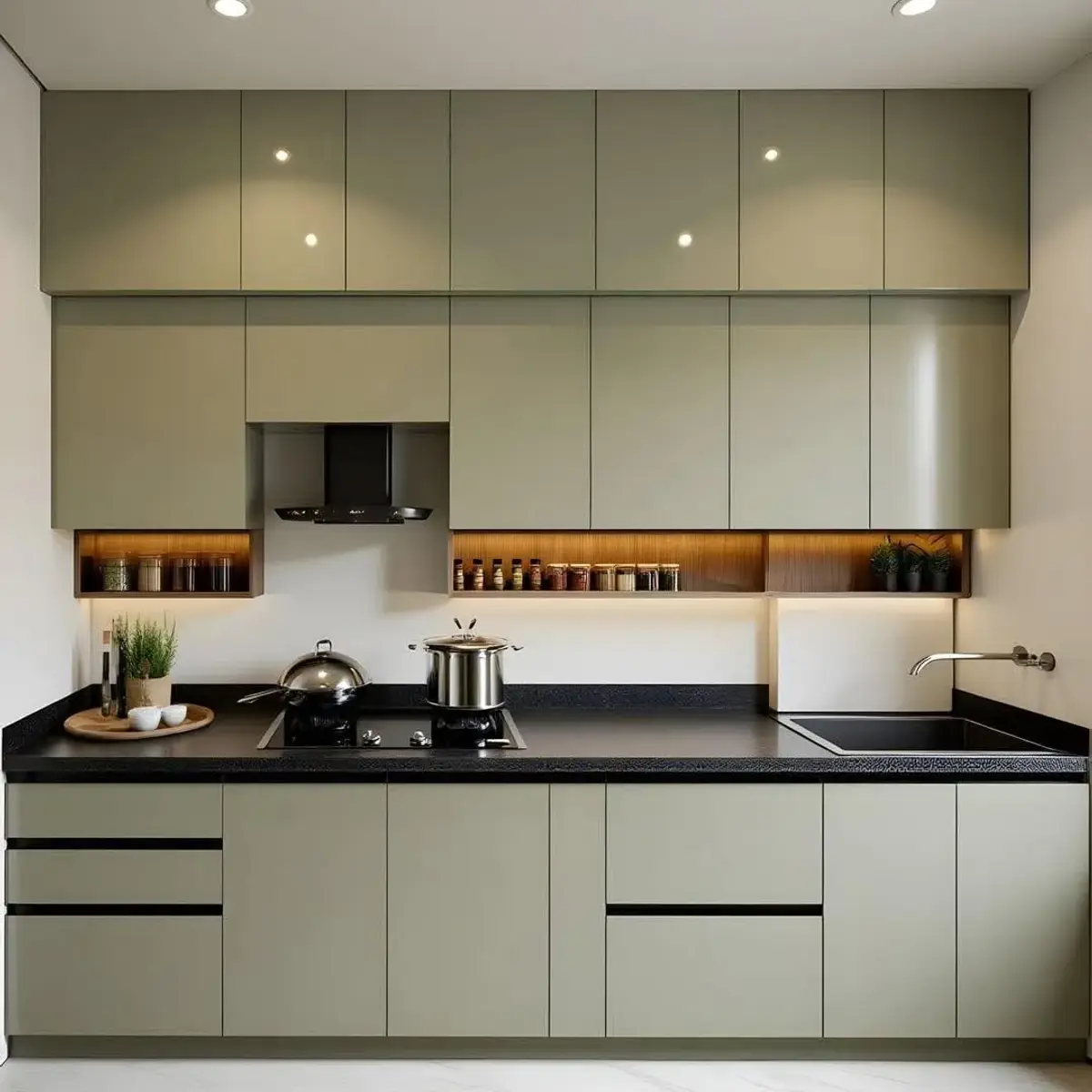 earthy modern minimalist kitchen with layout — real Indian home