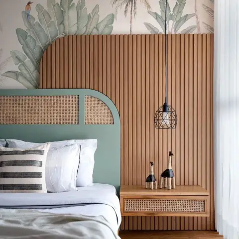 earthy boho master bedroom with panelling — real Indian home