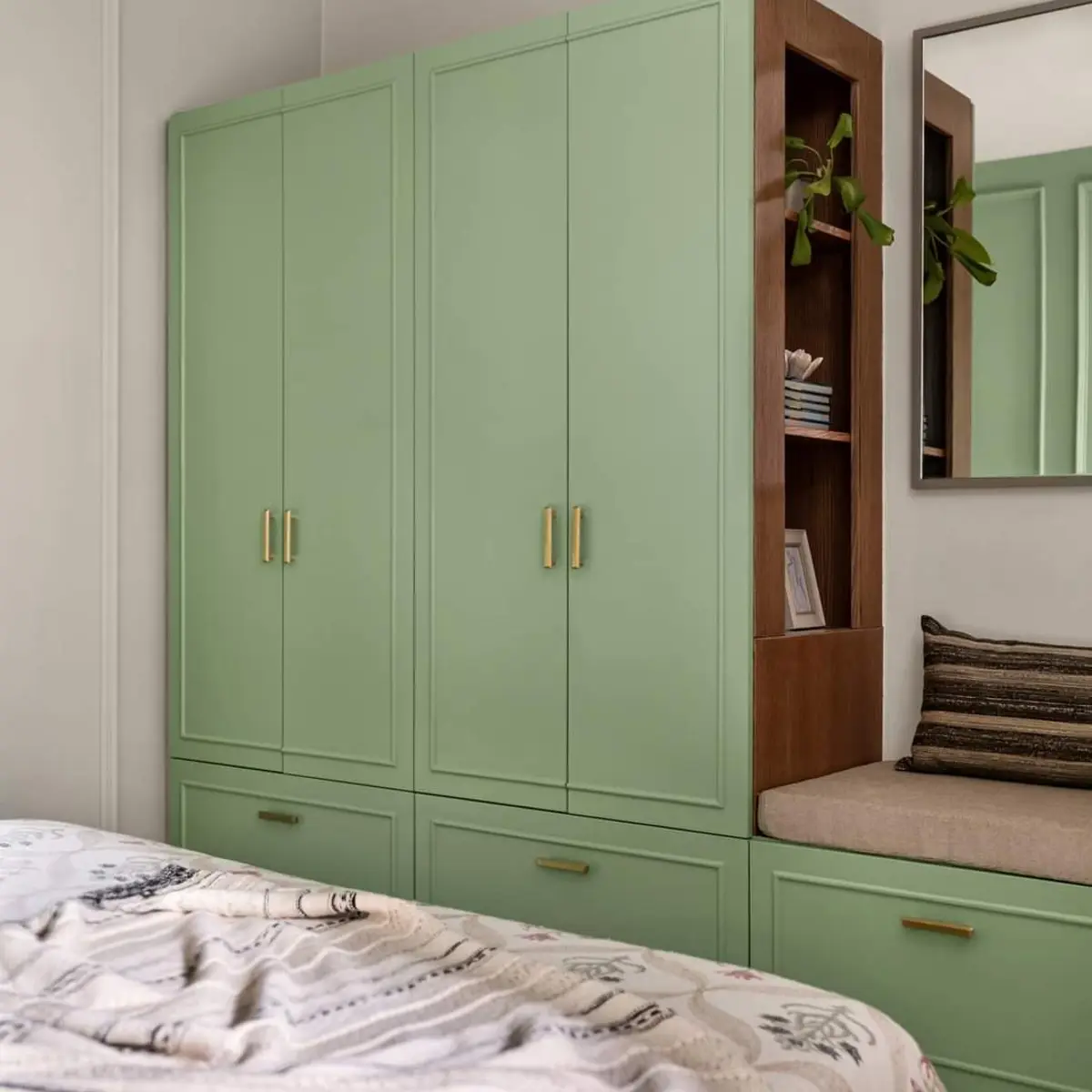 pastel master bedroom with wardrobe — real Indian home