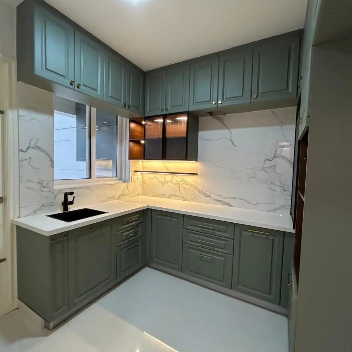 earthy modern minimalist kitchen with layout — real Indian home
