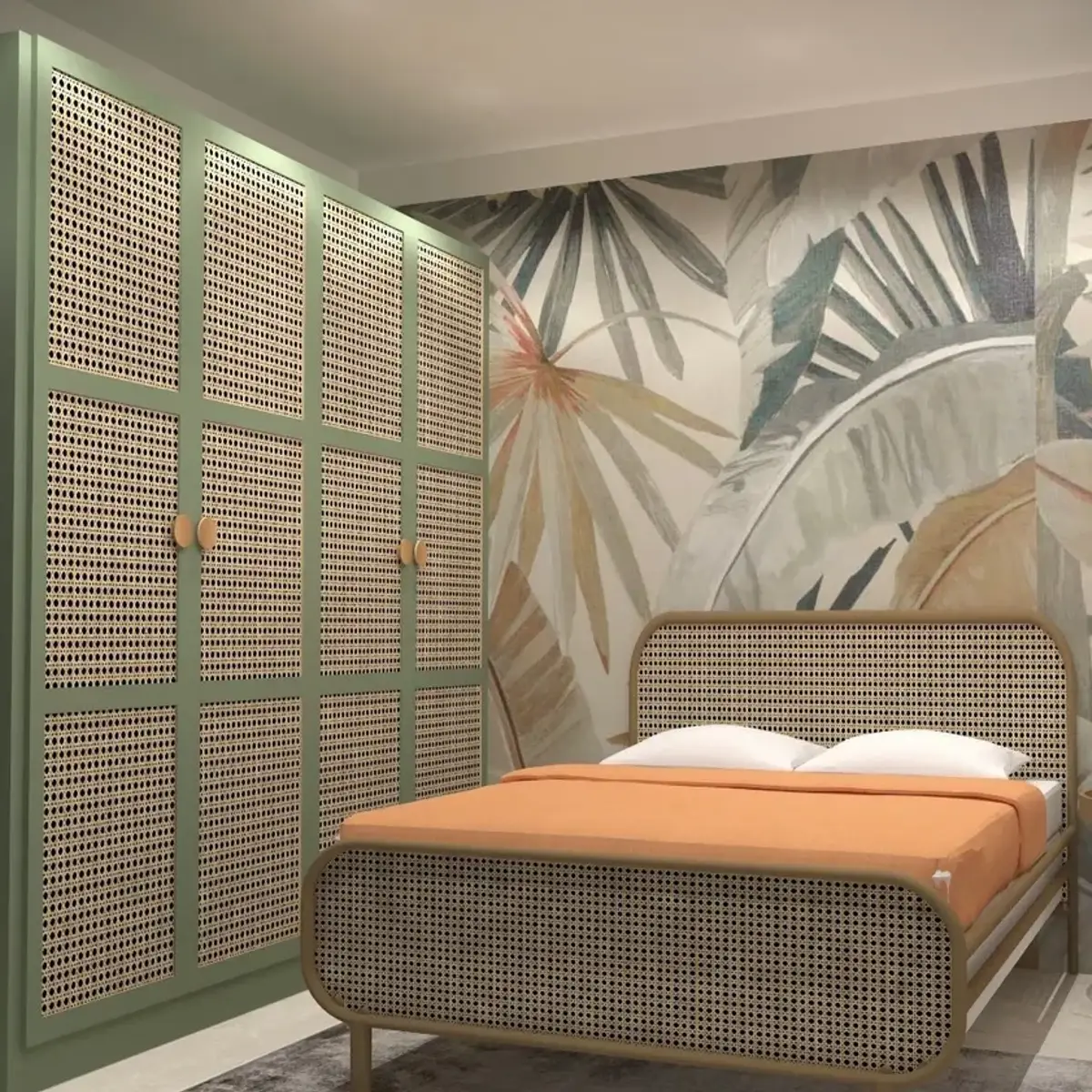 earthy boho master bedroom with wardrobe — real Indian home