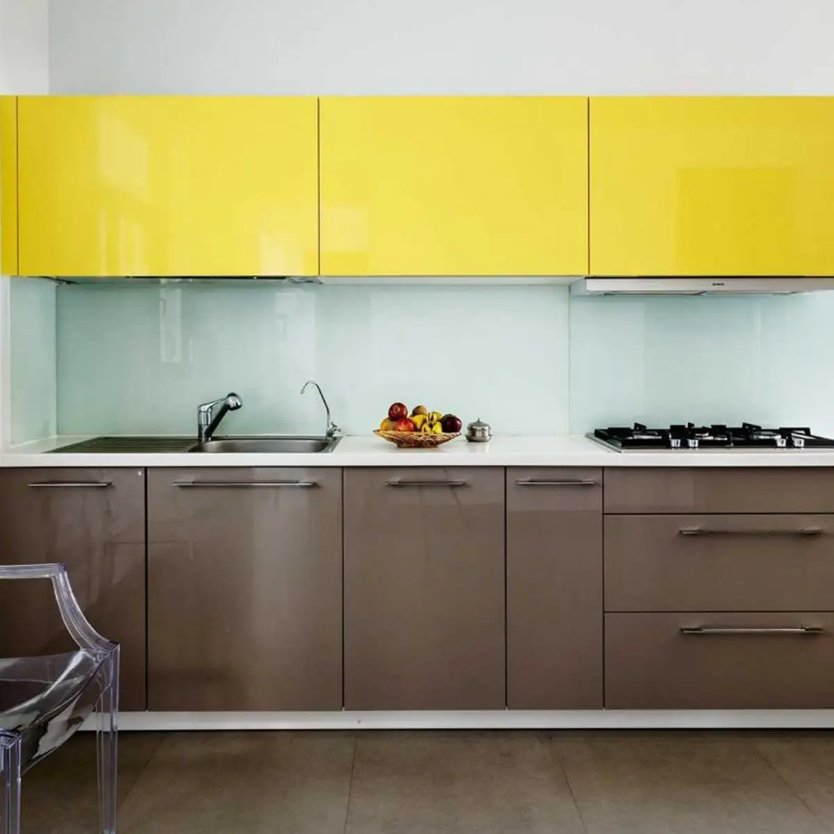 bold colour modern minimalist kitchen with layout — real Indian home