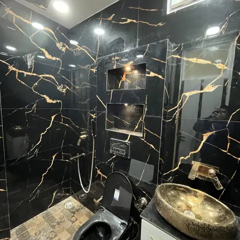 bold colour luxury bathroom with tiles — real Indian home