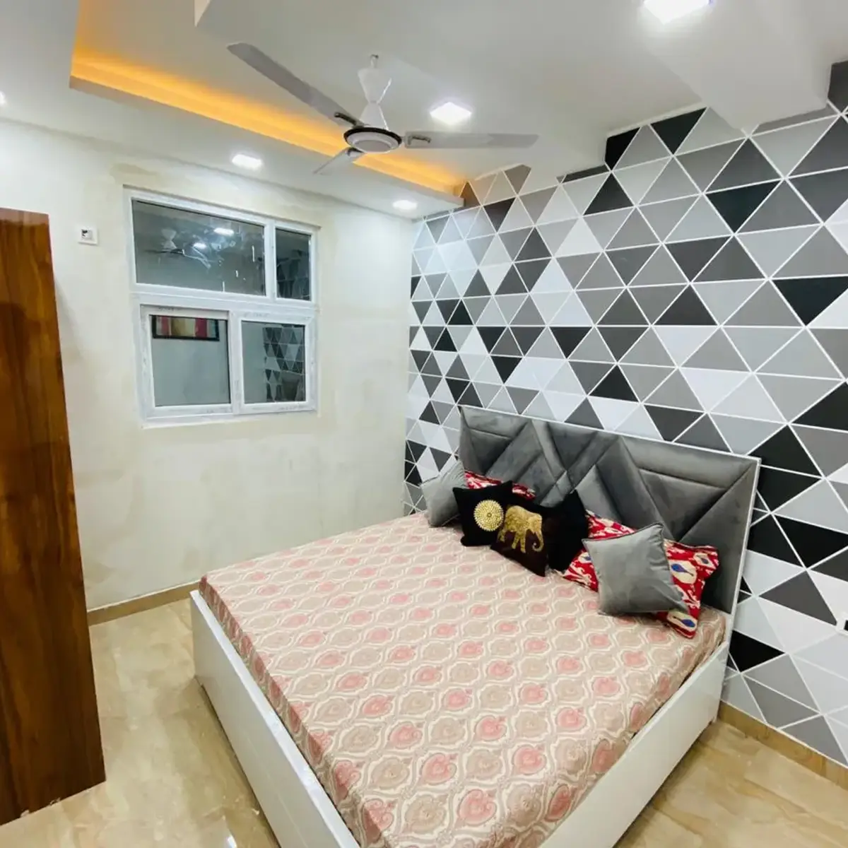 black and white modern indian master bedroom with wallpaper — real Indian home