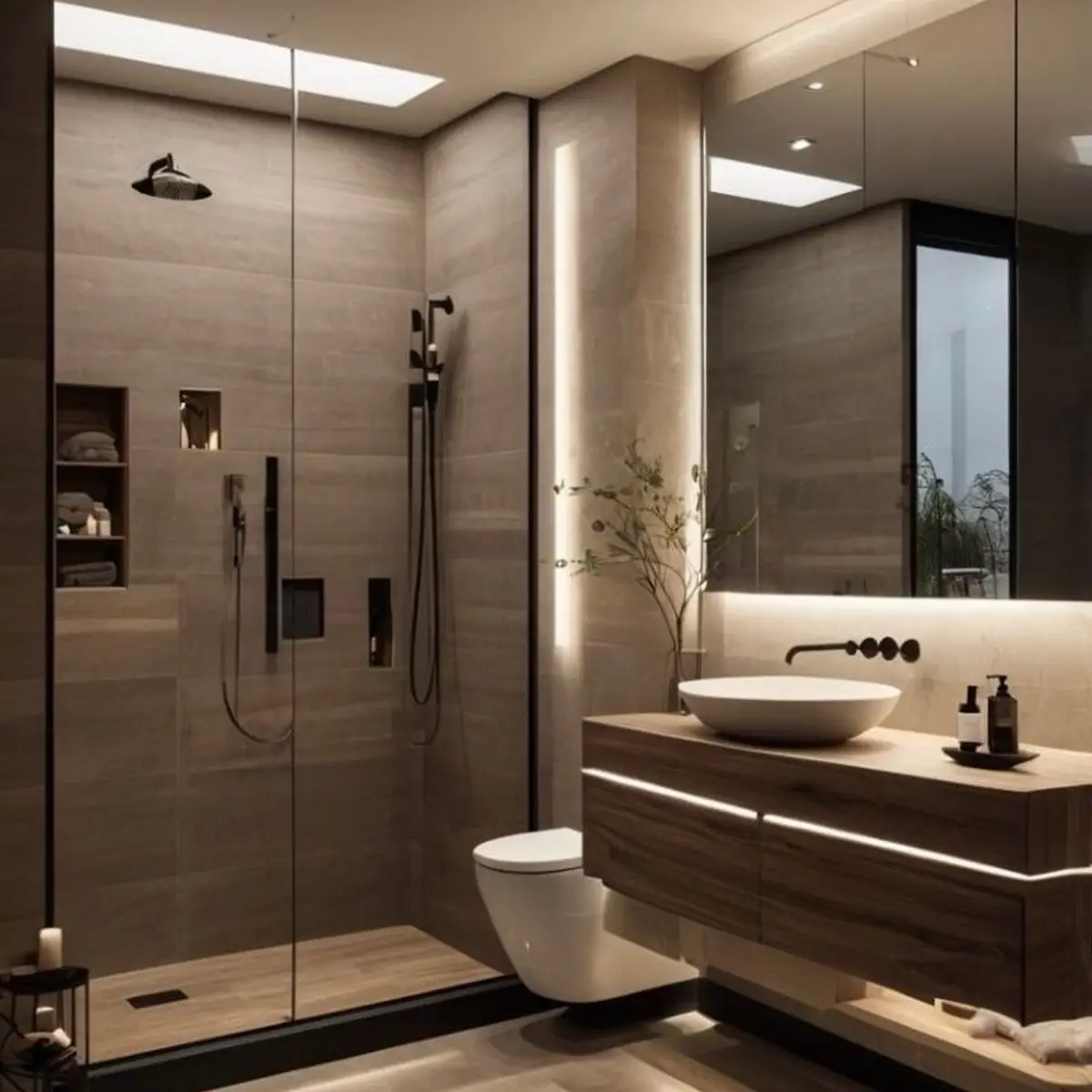 earthy modern minimalist bathroom with vanity — real Indian home