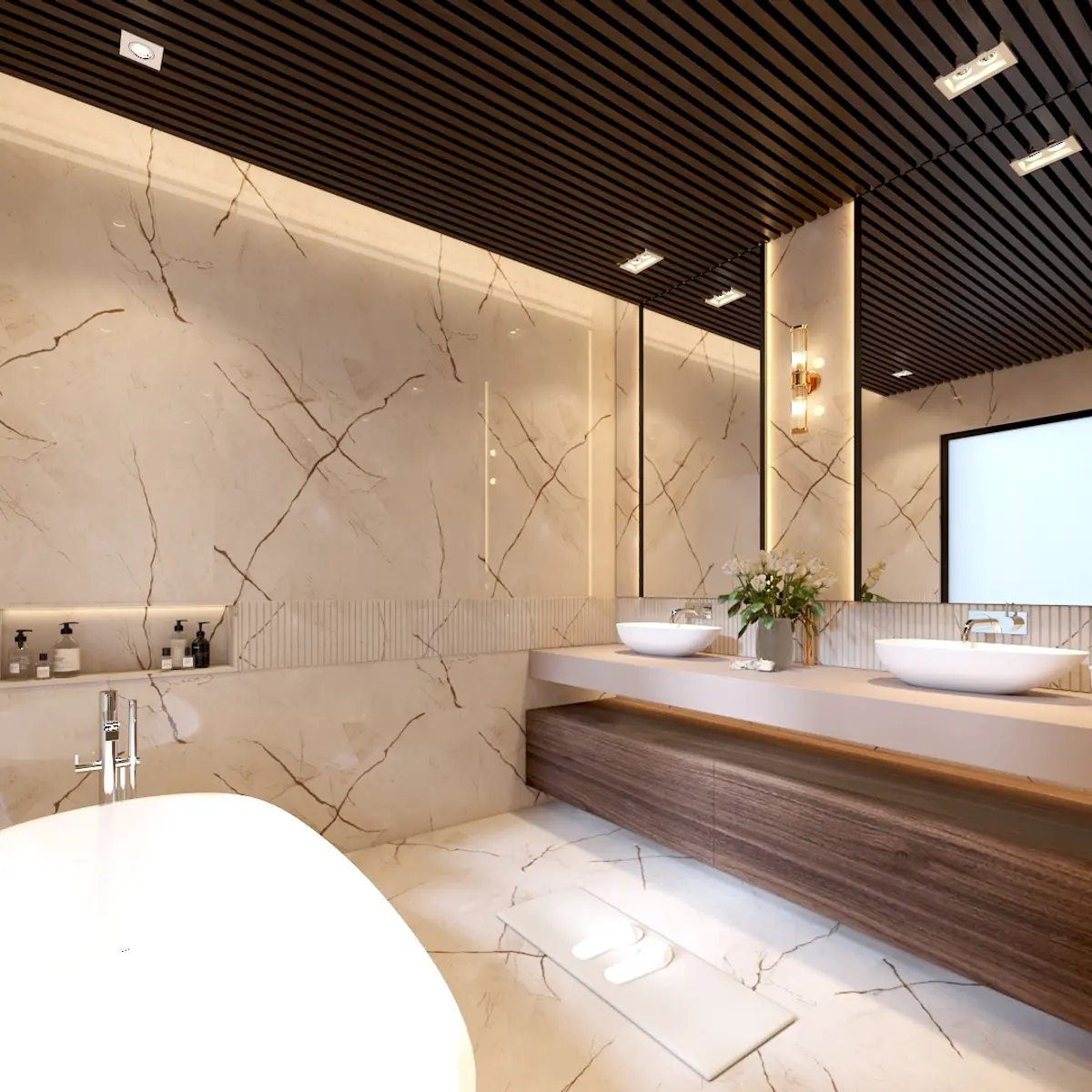 beige luxury bathroom with vanity — real Indian home