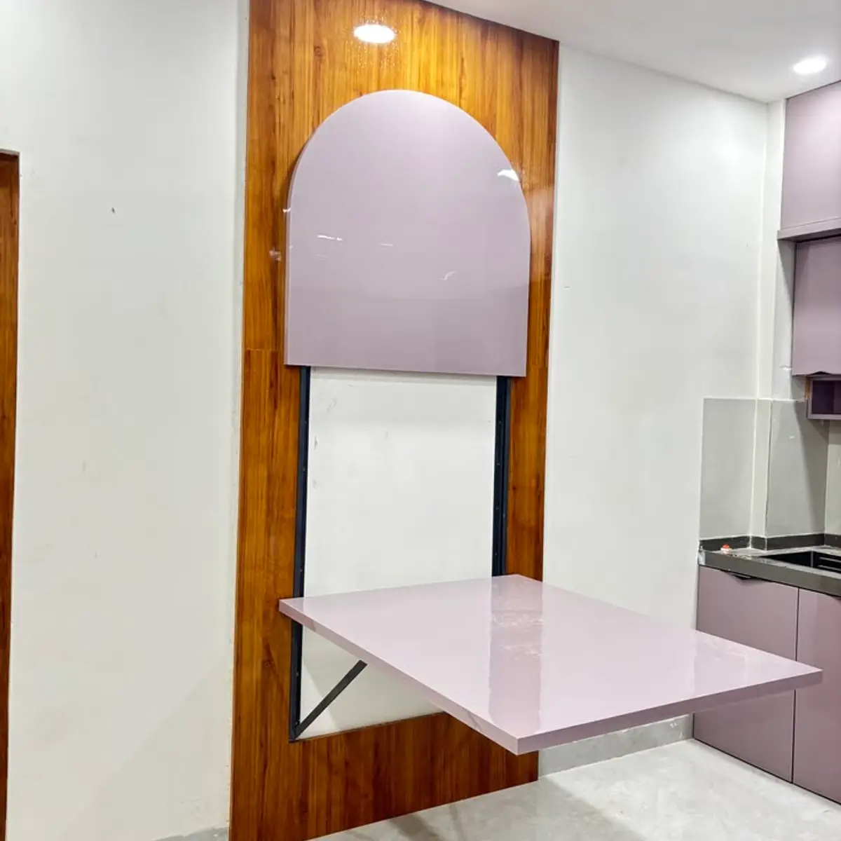 pastel modern minimalist dining room with cladding — real Indian home