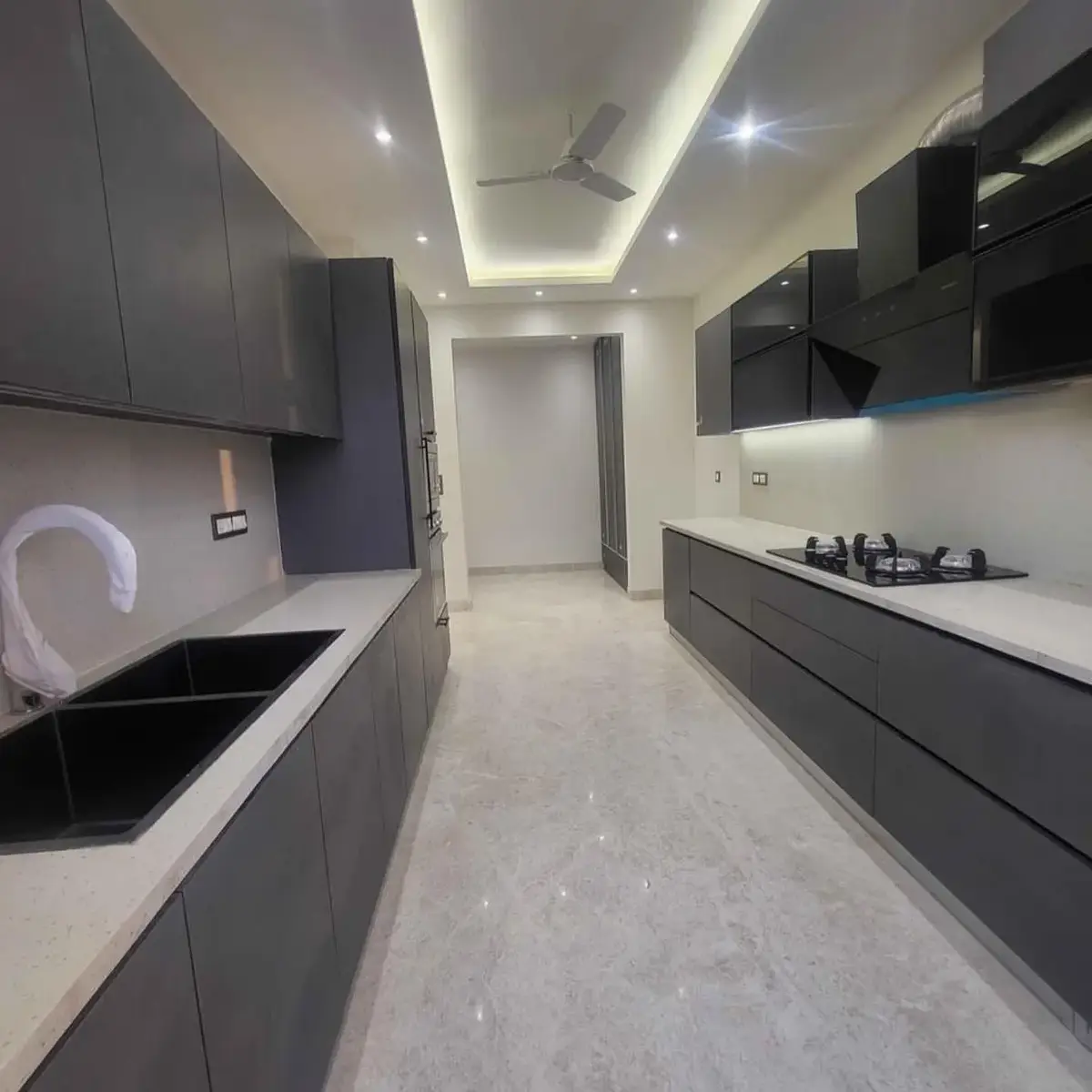 grey modern minimalist kitchen with layout — real Indian home
