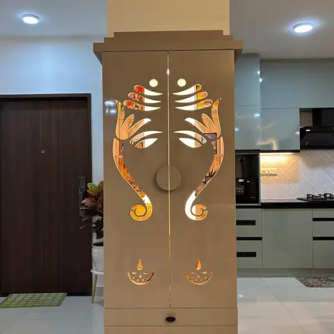 beige modern indian pooja room with pooja — real Indian home