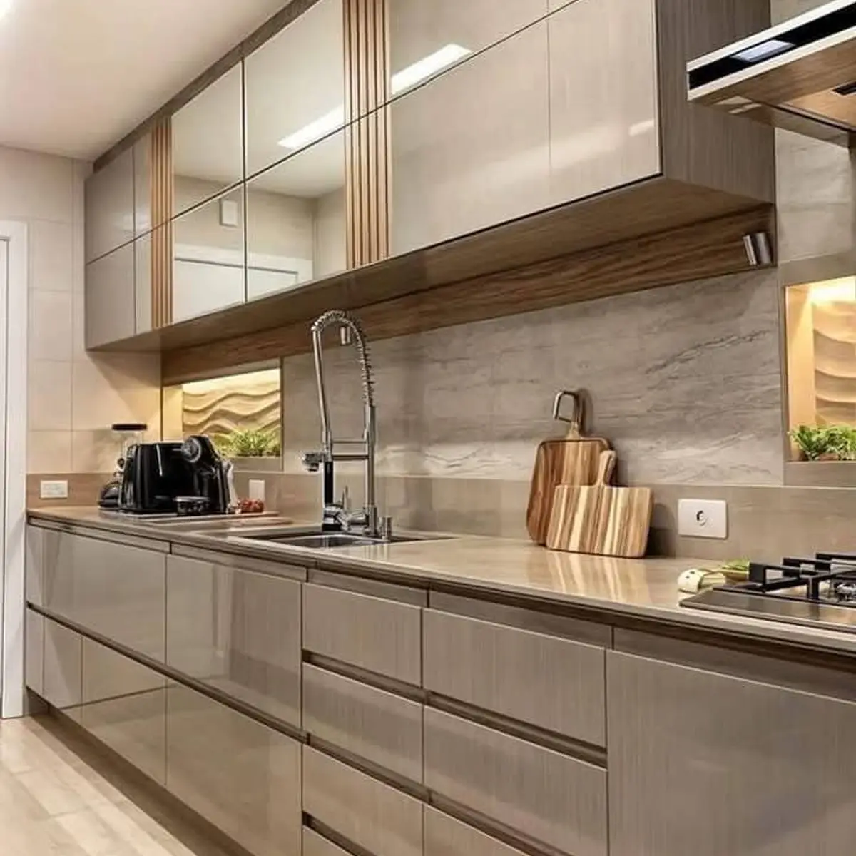 beige modern indian kitchen with layout — real Indian home