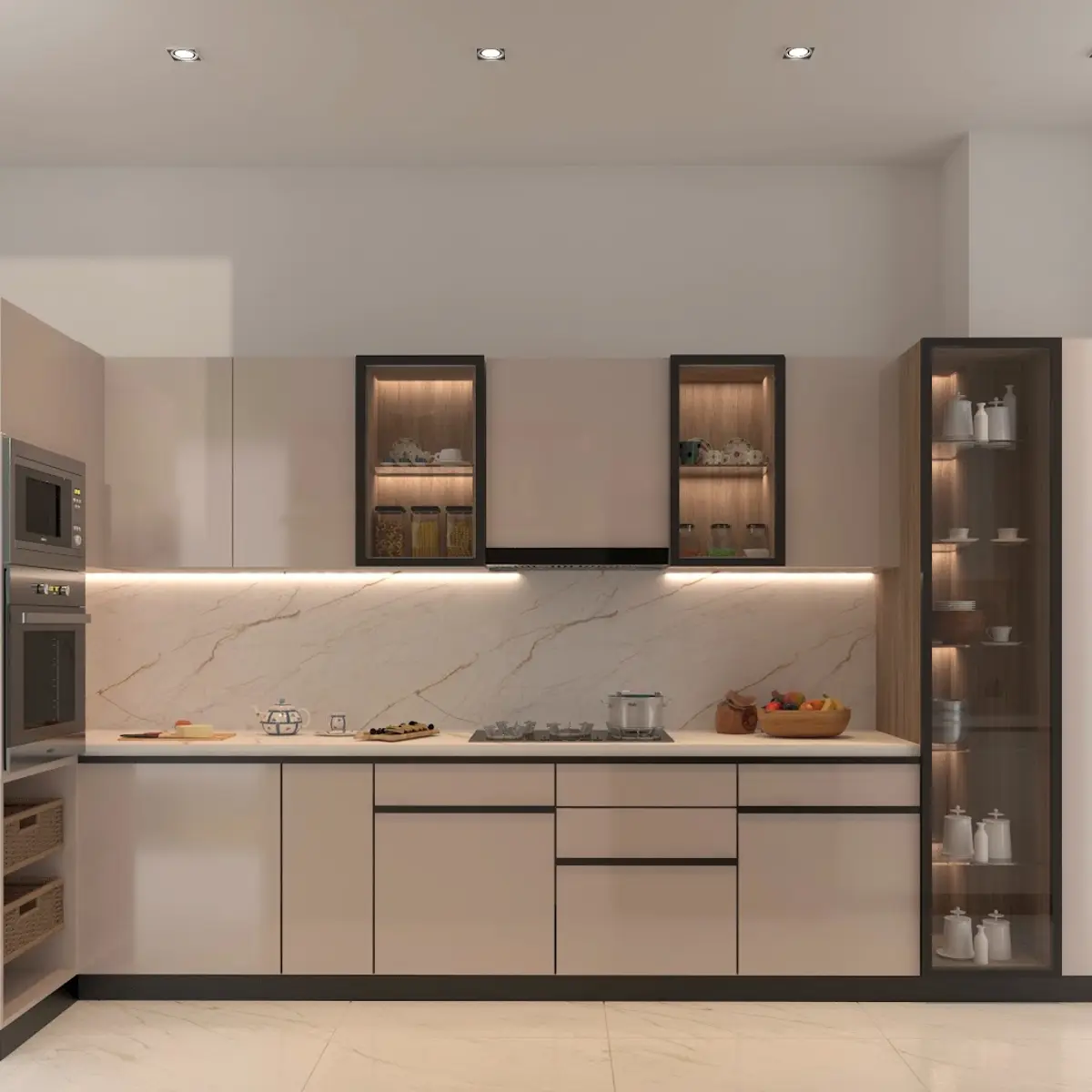 beige modern minimalist kitchen with shutter — real Indian home