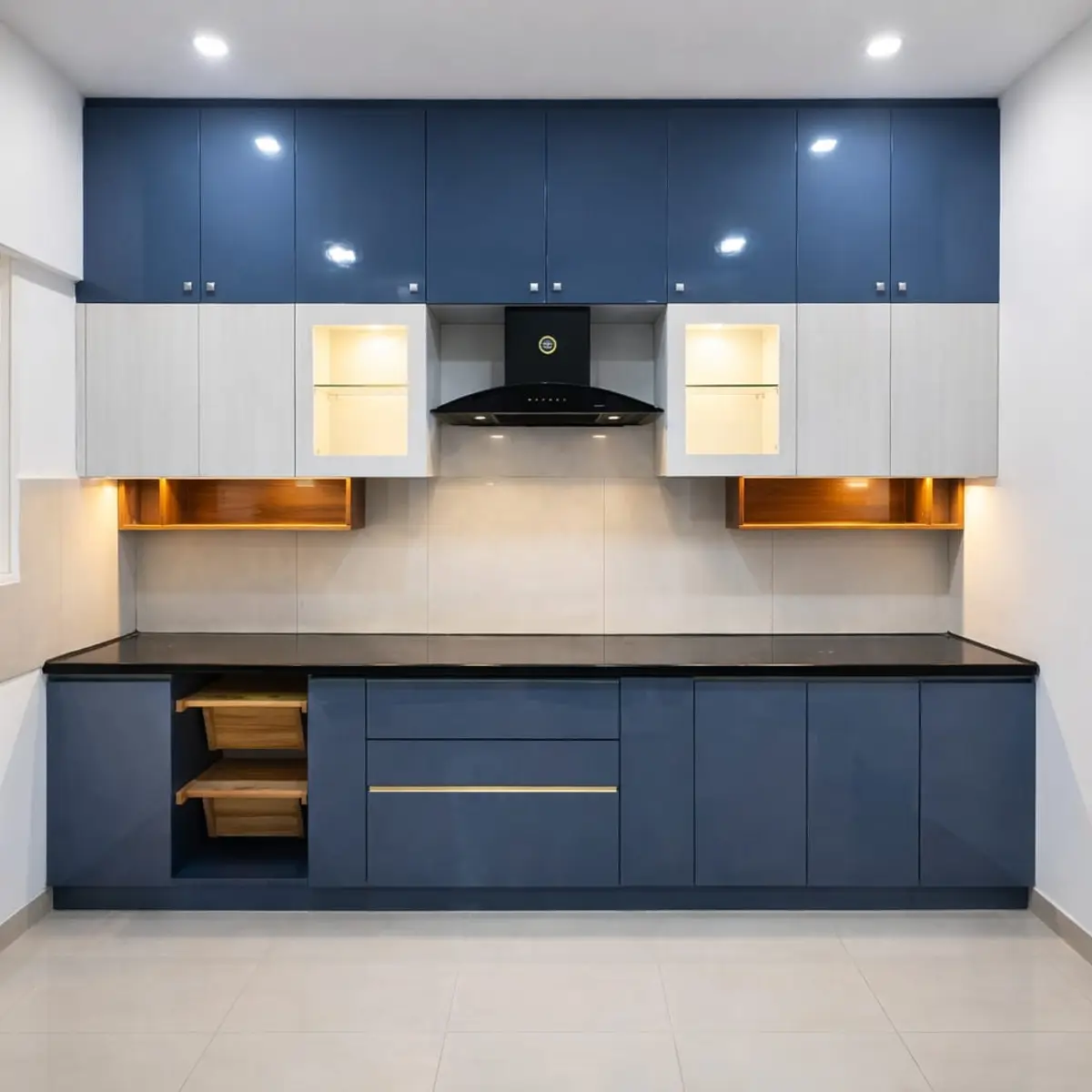 jewel tone modern minimalist kitchen with layout — real Indian home