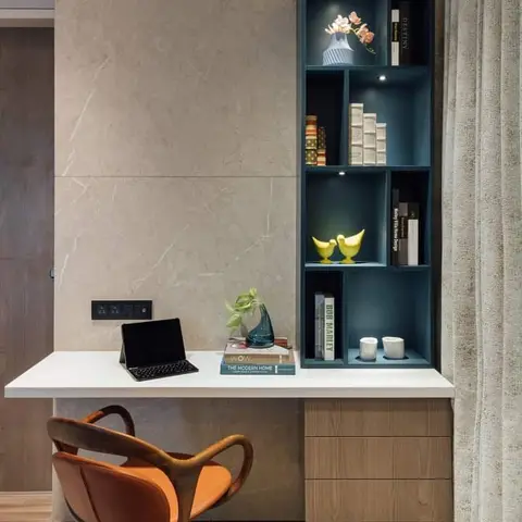 grey mid century study room with study — real Indian home